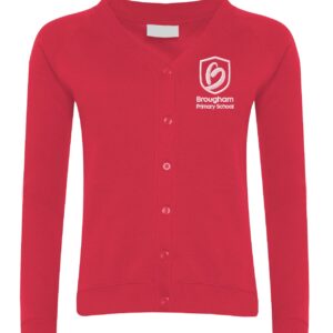 Red Cardigan with embroidered school logo left chest