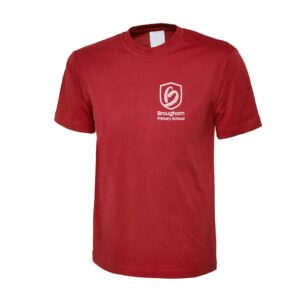 Red PE T-shirt with embroidered school logo left chest