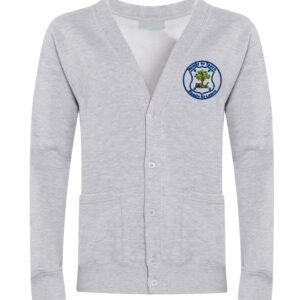 Heather Grey Select Cardigan with embroidered school logo left chest