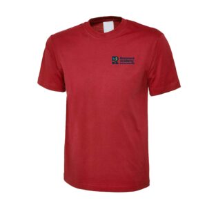 Red PE T-shirt with embroidered school logo left chest