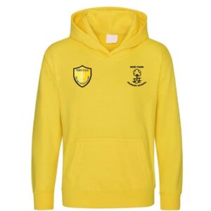Yellow/Silver Birch House PE Hoodie with printed school logo left chest and house logo right chest