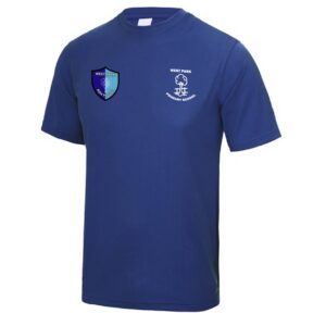 Blue/Ash House Cool PE T-Shirt with printed school logo left chest and house logo right chest