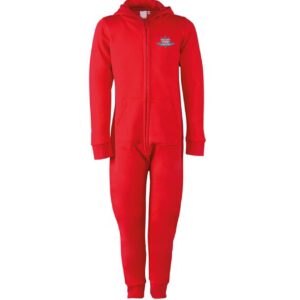 Red Kids Onesie with embroidered club logo left chest and back print