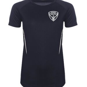 Navy Short Sleeved Racerback Training Top with embroidered club logo left chest