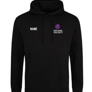 Black Pullover Hoodie with HSS logo printed left chest and name printed right chest and Hartlepool Stage Society Printed on the Back in White